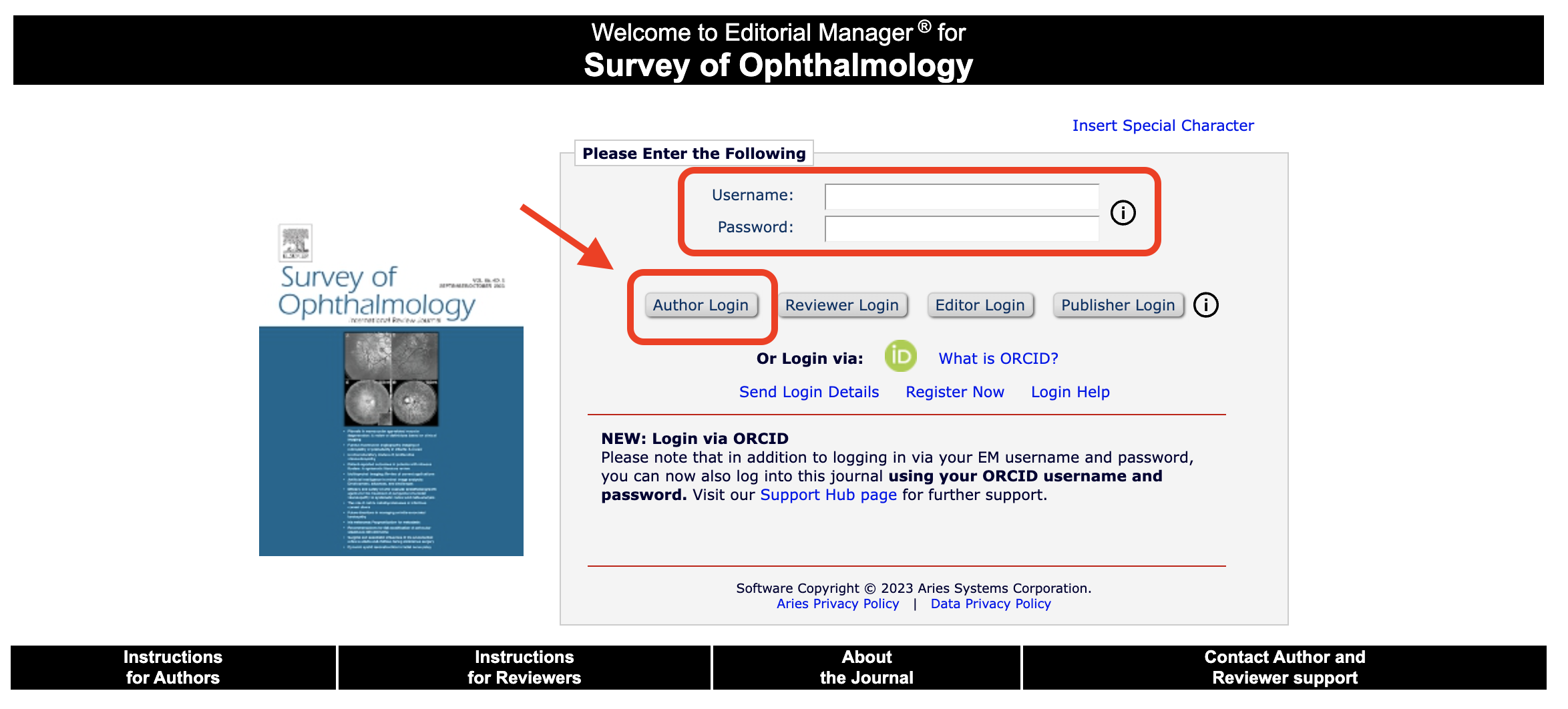 Screen shot of the login page of a journal in Editorial Manager, showing where authors can login.